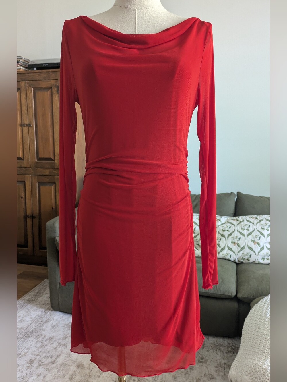 Reformation Reece Mesh Long-Sleeve Ruched Mini Dress - Red - Picture 5 of 6
